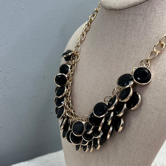 Chunky Beaded Layered Bib Necklace Black Gold Tone Round - Picture 3 of 5
